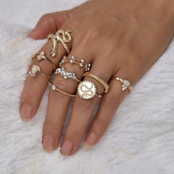 Boho Snakes Signet 9 Rings Set - Picture 3 of 5